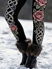 preiswerte -Damen Leggings Urlaub Vintage Lässig Volle Länge Hohe Taille Grafik Komfort Weich Bequem Mikroelastisch Täglich Outdoor Urlaub Schwarz Frühling Herbst Schmaler Schnitt