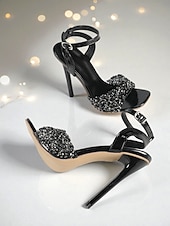 economico Invitato al matrimonio-sandali da donna con tacco a spillo e glitter neri con cinturino alla caviglia, tacchi da sera aperti per invitati a matrimoni, eleganti e alla moda per matrimoni &amp;scarpe da cocktail party