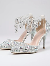 Χαμηλού Κόστους Νύφη-Πολυτελείς γόβες νύφης από κρύσταλλο – λαμπερά νυφικά παπούτσια με στρας και αλυσίδα για λαμπερή αίθουσα χορού και πολυτελή τελετή