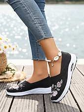 Χαμηλού Κόστους Γυναικεία Sneakers-Γυναικεία πράσινα slip-on αθλητικά παπούτσια με κέντημα λουλουδιών – αναπνεύσιμα πλεκτά παπούτσια για περπάτημα σε εξωτερικούς χώρους, ταξίδια και θηλασμό