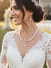 ieftine Nuntă ACC-Set de bijuterii pentru femei cu colier și cercei din perle artificiale, design elegant inspirat de șarpe, stil clasic de mireasă, pentru mirese, invitați la nuntă, petreceri de seară și banchete formale