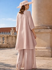 voordelige Broekpakken van mama-Broek 3-delig pak Tot de grond Moeder van de bruid jurk Mouwloos Ronde hals Elegant Grote maten Formeel Bruiloft gast Chiffon Kant met Appliqués