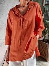 cheap Plain Blouses-Women's Blouse Faux Cotton Linen Ruched Solid Color Stylish Casual 3/4 Length Sleeve V Neck Regular Tops Daily Black White Orange Summer Spring