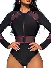 お買い得  ワンピース水着-女性用 ワンピース水着 ジップフロント モノキニ タミーコントロール ハイウエスト スリム バカンス ビーチウェア ソリッドカラー ハイネック 長袖 水着