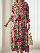 economico Abito Floreale-Per donna Abito Midi Abito a Tubino Casual Quotidiano Uscire Vestibilità comoda Floreale Grafico Manica Lunga Scollo a V Rosa Rosso Verde Estate Primavera