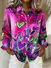 cheap Valentine's Day Tops-Women's Shirt Heart Graphic Vintage Stylish Modern Long Sleeve Shirt Collar Regular Tops Daily Holiday Blue Yellow Purple Green Spring Winter