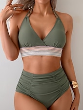 preiswerte Bikini-Sets-Damen Badeanzug Zweiteilig Freche Unterhose Bademode Gerafft Rückenfrei Urlaub Strandbekleidung Einfach Neckholder Ärmellos Badeanzüge