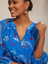 お買い得  ブラウス＆シャツ-バケーション オーシャン エレメント プリント ルーズ シフォン ショート トップス