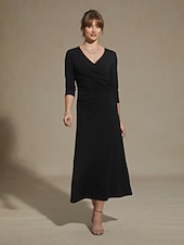  Women's Maxi Dress A Line Dress Elegant Daily Wedding Guest Tea Party Solid Color 3/4 Length Sleeve V Neck Black