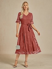  Damen Midikleid Chiffonkleid Elegant Täglich Hochzeitsgast Date Normale Passform Blumen Halbarm V Ausschnitt Koralle Rot