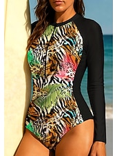 baratos Rash Guards de Uma Peça-Mulheres Normal Anti Atrito Roupa de banho Conjunto de maiô Leopardo Tropical Bloqueio de cores Zip Up UPF50+ Secagem Rápida Leve Manga Longa Camisa de Natação roupa de banho Surfe Praia Esportes