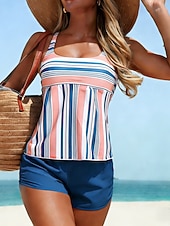 economico Surfing Tankinis &amp; Bikinis-Per donna Costume da bagno Tankini Costume da bagno a due pezzi A righe Controllo della Pancia Elastico Senza Maniche Costume da Bagno Surf Spiaggia Vacanze Estate