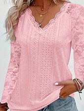 baratos Tops de Renda-Mulheres Blusa Tops de renda Renda Patchwork Tecido Ativo à moda Manga Longa Decote V Tops regulares Diário Feriado Para Noite Branco Rosa Vinho Azul Claro Verão Primavera