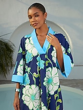 economico Abiti floreali-abito lungo da vacanza in rayon con maniche a dolman e motivo floreale color block
