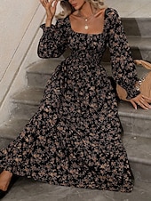 voordelige Bloemenjurken-Dames Maxi-jurk A lijn jurk Casual Dagelijks Normale pasvorm Bloemig Grafisch Lange mouw Vierkante hals Zwart Blozend Roze Lente Herfst