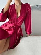 economico Camicie da notte e pigiami da donna-Per donna Camicia da Notte Casual Morbido Raso Colore Puro Allacciato Quotidiano Casa Da letto Manica Lunga Scollo a V Nero Bianco Champagne Rosa Rosso Estate Vestibilità comoda