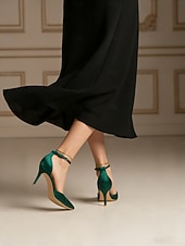 preiswerte Hochzeitsgast-Smaragdgrüne Satin-Pumps mit Fesselriemchen für Damen – elegante Stilettos mit spitzer Spitze für Partys, Hochzeiten und besondere Anlässe