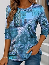 halpa Boho t-paita-Naisten T-paita Painettu Kuvitettu Raidoitettu Abstrakti Vintage Tyylikäs Klassinen Pitkähihainen Tiukka pyöreä kaula-aukko Tavalliset topit Päivittäin Viikonloppu Sininen Punastuvan vaaleanpunainen