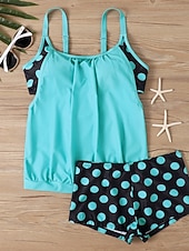 זול טנקיני-בגד ים טנקיני 2 חלקים לנשים עם חצאיות מחטב בטן מותן גבוהה שקוף בגד ים חופים עם פסים נקודתיים וצווארון U ללא שרוולים