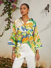 Недорогие рубашки, топы и блузки-короткая шифоновая рубашка с цветочным принтом и рукавами-летучками в стиле каникулярного зеленого цвета с асимметричным кроем