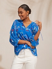 お買い得  ブラウス＆シャツ-バケーション オーシャン エレメント プリント ルーズ シフォン ショート トップス