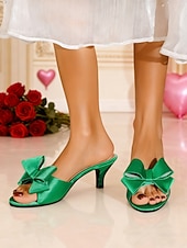 economico San Valentino-pantofole da donna in raso rosa con fiocco oversize e punta aperta: eleganti pantofole con tacco per San Valentino, appuntamenti romantici e occasioni speciali