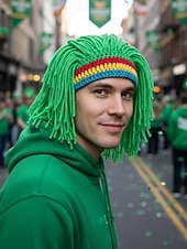 preiswerte St. Patrick&amp;#39;s Day-Herren-Perückenmütze aus Häkelgarn, mehrfarbiges Design mit grünen, roten und gelben Streifen, perfekt für den St. Patrick's Day und Kostümpartys