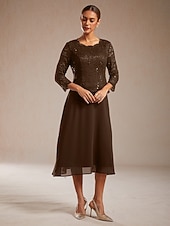 economico Abiti in chiffon-Per donna Abito Midi Vestito in Chiffon Abito a trapezio Elegante Ospite di nozze Cocktail party Allacciato Paillettes Vestibilità regolare Tinta unica Manica 3/4 Girocollo Caffè