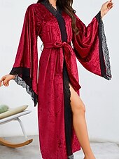cheap Women's Onesies-Women's Robe Casual Soft Satin Pure Color Lace Patchwork Daily Home Bed Long Sleeve V Neck Black White Wine Summer Spring Loose Fit