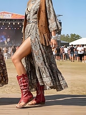 preiswerte Cowboy &amp; Western Stiefel-Rote Boho-Western-Stiefeletten für Damen mit offener Zehenpartie und Stickereien – perfekt für Musikfestivals und legere Outdoor-Veranstaltungen
