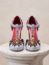 preiswerte Barock &amp; Aussage-Damen Mardi Gras Barock-inspirierte Karneval T-Strap Heels – Verzierter Satin-Pumps mit goldenen Akzenten Strasssteinen und klobigen Absätzen für Maskeradenbälle und Feierlichkeiten