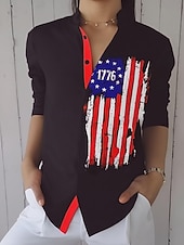  Chemise en lin respirante légère pour femme patriote du Jour de l'Indépendance vintage tropicale élégante manches longues col en V quotidien travail boutons imprimé