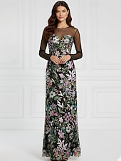  Tubino Colonna Lunghezza al pavimento Perline ricamate Abito Formale Abito da madre della sposa Abito da Sera Elegante Vintage Floreale Manica Lunga Scollo Illusione Matrimonio Formale Con Paillettes