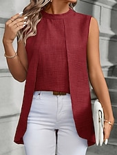 cheap Dressy Blouses-Women's Summer Tops Blouse Dressy Tops Ruched Patchwork Buttons Solid Color Plain Elegant Vintage Daily Sleeveless Crew Neck Regular Tops Daily Work Holiday Blue Black Wine Royal Blue Khaki Summer