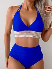 preiswerte Bikini-Sets-Damen Badeanzug Zweiteilig Freche Unterhose Bademode Gerafft Rückenfrei Urlaub Strandbekleidung Einfach Neckholder Ärmellos Badeanzüge