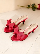 economico San Valentino-pantofole da donna in raso rosa con fiocco oversize e punta aperta: eleganti pantofole con tacco per San Valentino, appuntamenti romantici e occasioni speciali