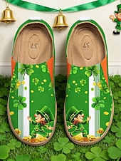  Slip-on-skor för dam i St. Patrick's Day-stil – gröna, klövertryckta, avslappnade skor med bekväm sula, snygga och roliga skor för fester, festivaler och vardagsbruk