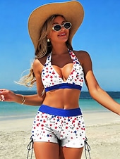 cheap Bikini Sets-Women's Bikini 2 Piece Swimsuit High Waist Backless Vacation Beach Wear Graphic Flag V Neck Sleeveless Bathing Suits