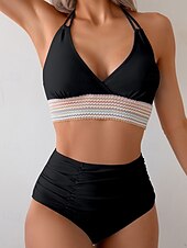 preiswerte Bikini-Sets-Damen Badeanzug Zweiteilig Freche Unterhose Bademode Gerafft Rückenfrei Urlaub Strandbekleidung Einfach Neckholder Ärmellos Badeanzüge