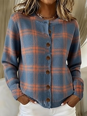  Damen Strickjacke Mode Täglich Lässig Grafik Karomuster Gerippt Rundhalsausschnitt Blumen Knöpfe Druck Langarm Normale Oberteile Stricken Täglich Outdoor Date Blau Rote Herbst Winter