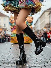 cheap Women's Shoes-Women's Mardi Gras 1980s Retro Purple Platform Knee-High Boots with Block Heels – Shiny Patent Faux Leather, Perfect for Carnival Parades and Festive Celebrations