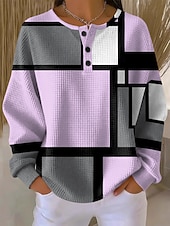 billiga Randig och geometrisk hoodie-Dam Huvtröjor Knappar Grafisk Geometrisk Färgblock Mode Ledigt Tryck Långärmad Rund hals Vanliga toppar Ledigt Gata Blå Rodnande Rosa Purpur Grön Höst Vinter