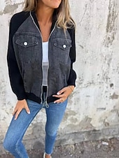 cheap Women's Outerwear-Women's Casual Jacket Denim Jacket Warm Comfortable Zipper Pocket Retro Casual Color Block Vacation Home Daily Wear Going out Regular Stand Collar Regular Fit Long Sleeve Outerwear Blue Black White