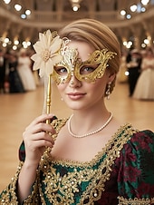 tanie Akcesoria-Złota maska do balu maskowego weneckiego z filigranem i ozdobnym kwiatem – elegancki dodatek do kostiumu weneckiego na imprezy i bale