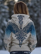 Недорогие Викинг Топы-Жен. Толстовка с капюшоном и пуловером Пэчворк С принтом Передний карман Графика Геометрический принт Этно Винтаж На каждый день Богемный Длинный рукав Капюшон Обычные топы