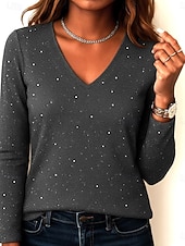  Noël Femmes Chemisier Paillettes Couleur Unie Élégant Basique Occasionnel manche longue Col en V Hauts Réguliers Quotidien Argent Noir Rouge Vert Printemps Automne Hiver