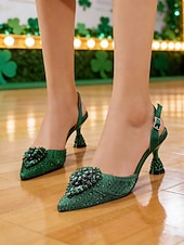  Women's Green Rhinestone Slingback Heels, Elegant Pointed-Toe Dress Shoes for St. Patrick's Day Party