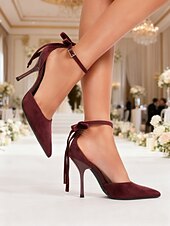 economico Invitato al matrimonio-scarpe con tacco alla caviglia in pelle scamosciata color carne da donna: eleganti décolleté a punta stiletto per matrimoni al chiuso, invitati a nozze e scarpe eleganti per feste formali