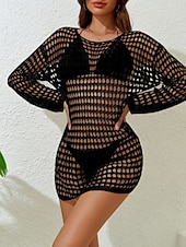 preiswerte Strandkleider-Damen Cover Up Badeanzug Kleid Cut Out Urlaub Strandbekleidung Einfarbig Rundhals Lange Ärmel Badeanzüge