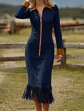 abordables Vestido Boho Occidental-Mujer Vestido Midi Vestido bohemio Vestido informal Elegante Moda Moderno Diario Noche Fin de semana Ajuste regular Plano Manga Larga Cuello Camisero Azul Marino Primavera Otoño Invierno